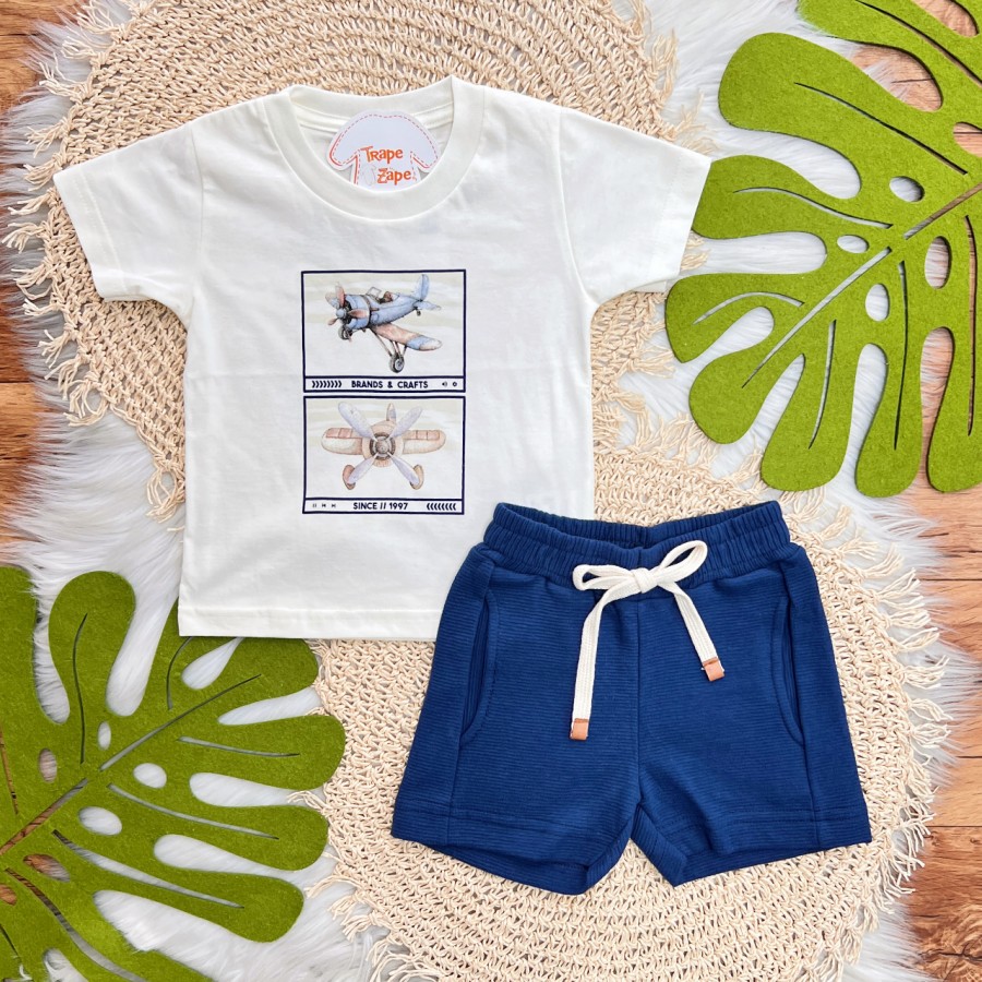 Conj. Camiseta em Linho Brands e Crafts e Bermuda - Off White e Marinho